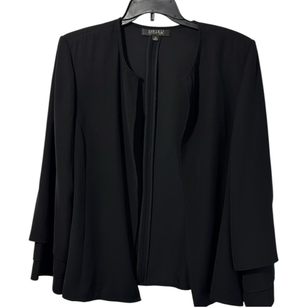Kasper Jacket‎ Black Open Front Tiered Sleeve Round Neck in Size 18  EUC